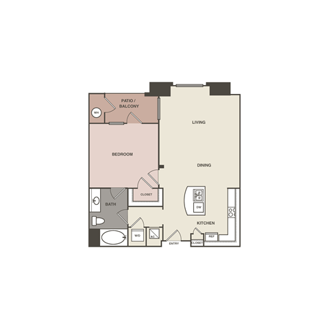 Floor plan for 1 bed, 1 bath, 787 sqft